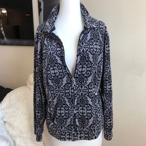 Black & Grey Damask Fleece Zipper Jacket Pockets